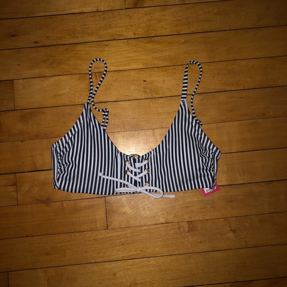 NWT Lace-up Front Bralette Bikini Top BlueStripe-S - Picture 1 of 6